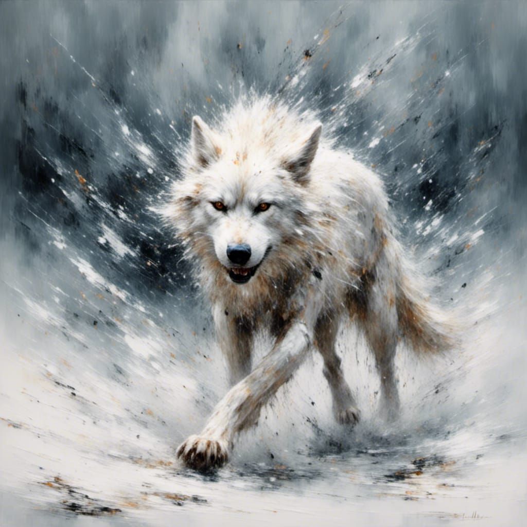 White Wolf in Snowstorm: Expressive Oil Painting