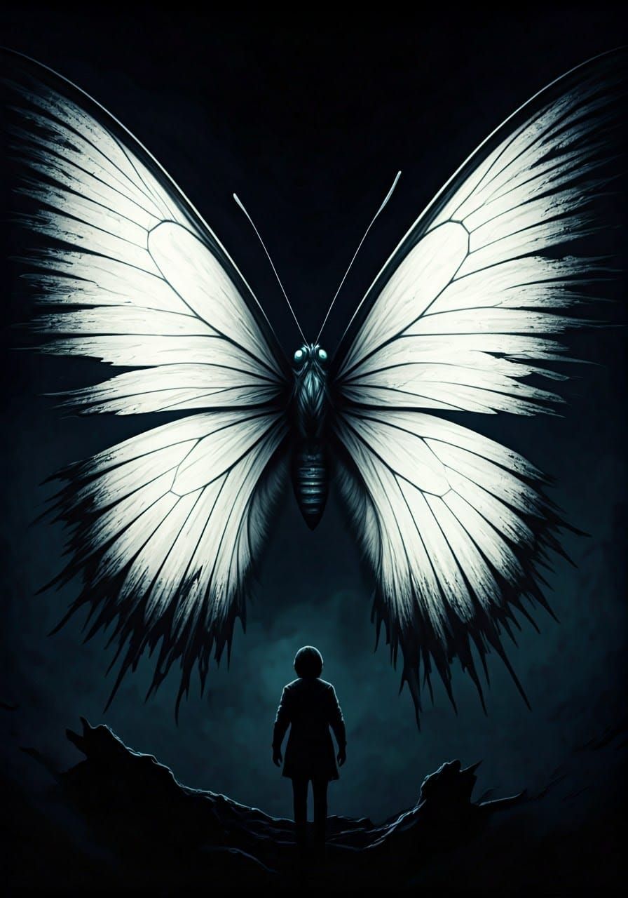 Menacing White Butterfly Towers in Dark Graphic Novel Style
