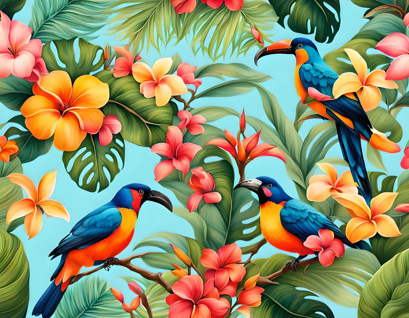 Hawaiian Tropical Paradise with Birds and Flowers