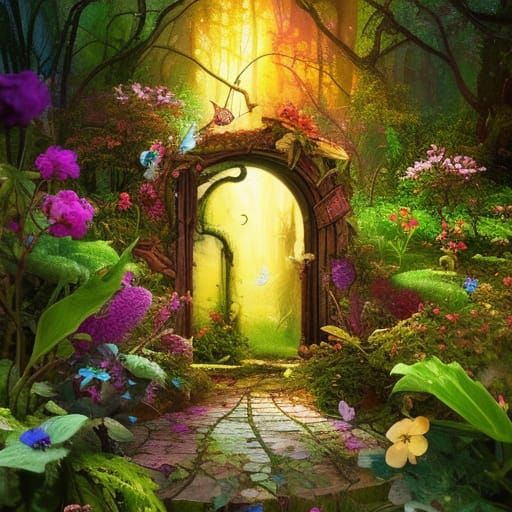 Neon Fairy Garden with Old Wooden Door
