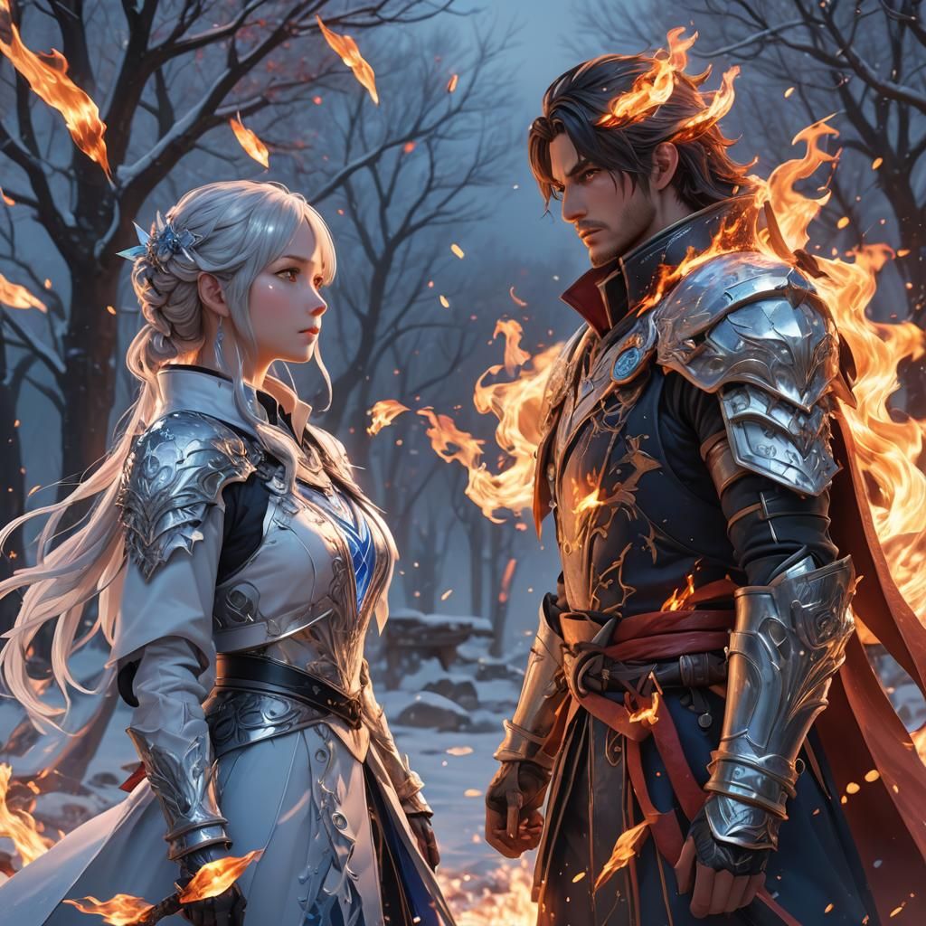 Fire and Ice Lovers in 3D Anime Style