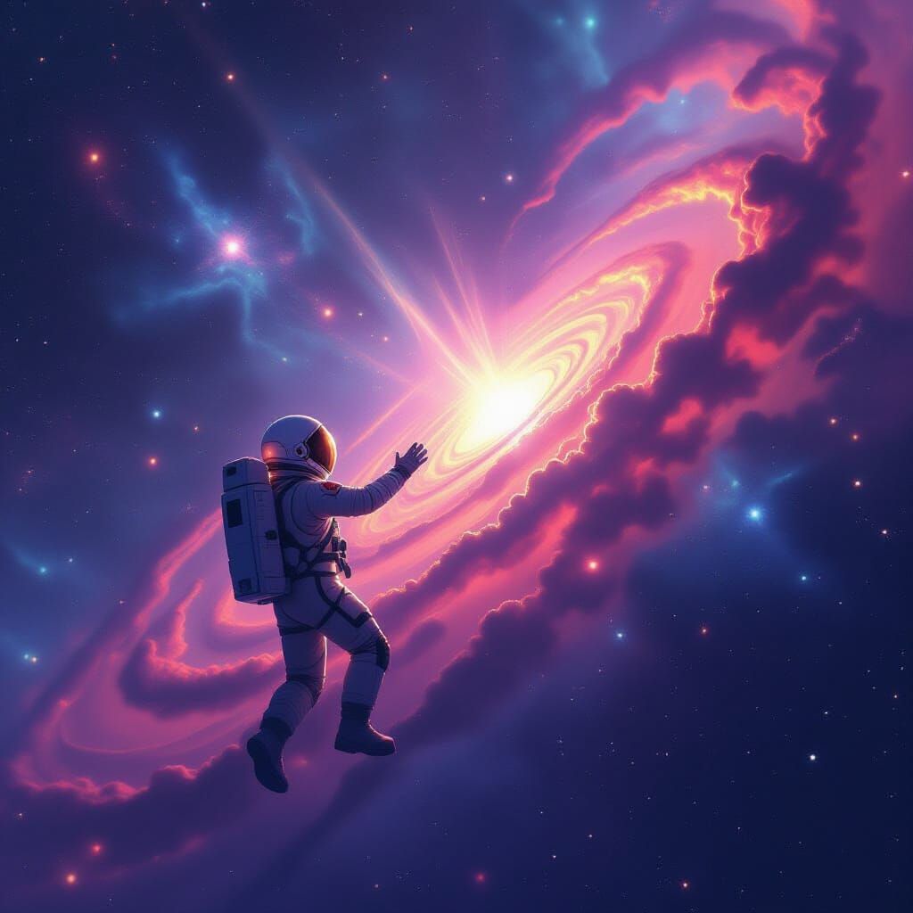 Astronaut Reaching for Galaxy in Vibrant Nebula