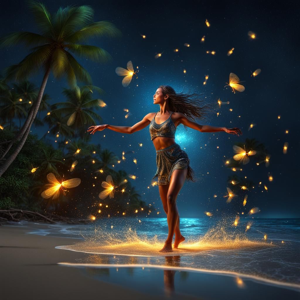 Girl Dancing with Fireflies on Tropical Beach