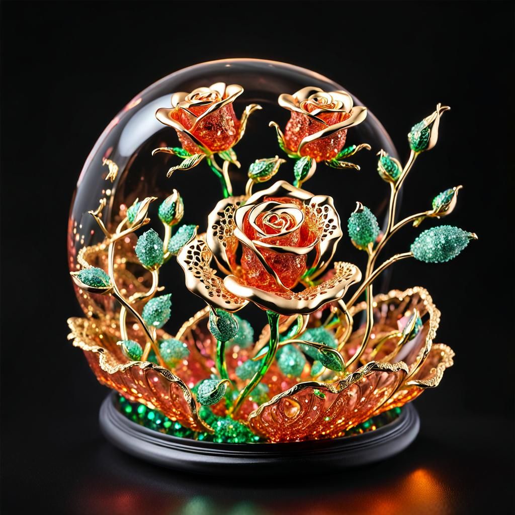 Bioluminescent Crystal Rose Sculpture in Vermilion Glass