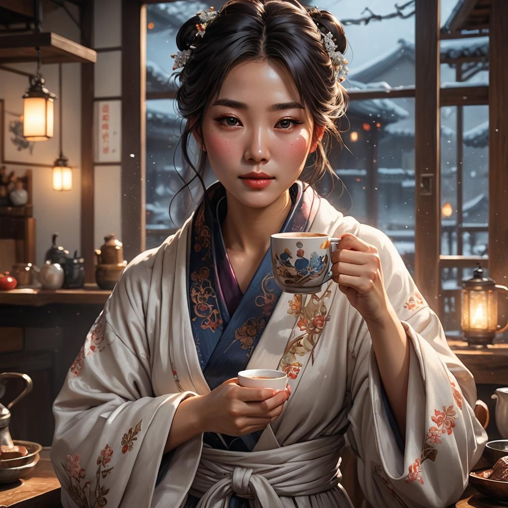 Korean Girl Portrait with Hot Chocolate