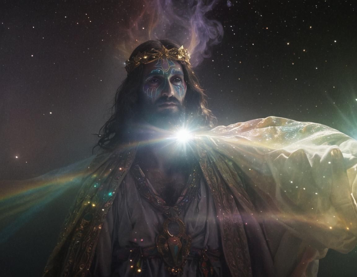 Surreal Djinn Resembling Jesus in Rainbow Starry Halo
