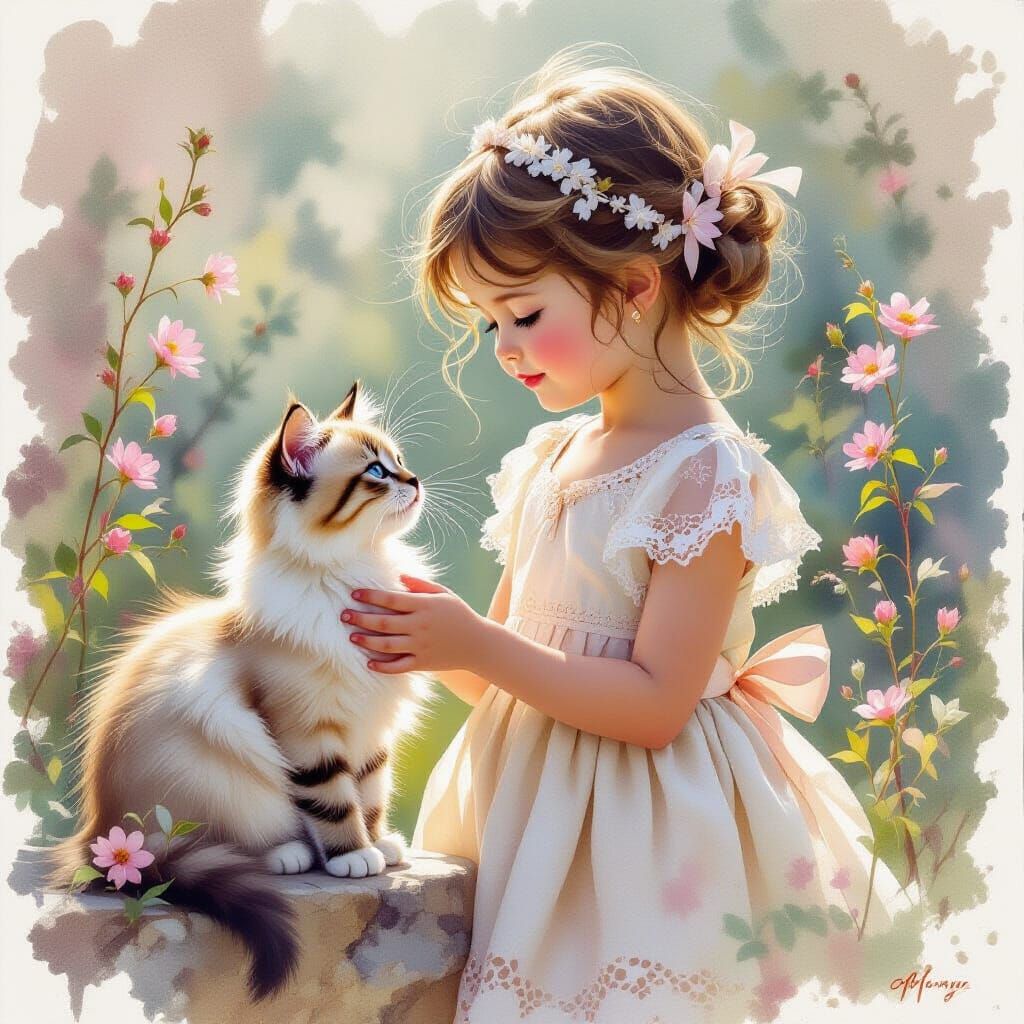 Girl and Kitten in Splash Art Style