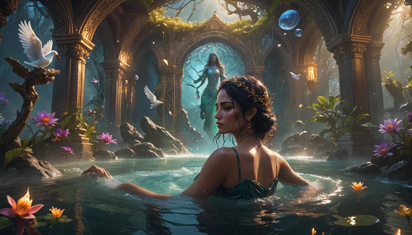 Mystical Woman Bathing in a Fantastical Image