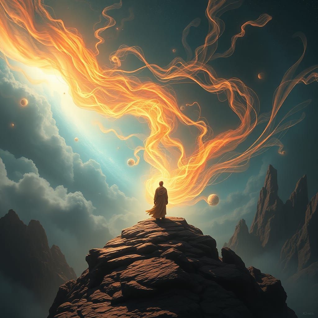 Ethereal Figure at World's Edge in Fantasy Landscape