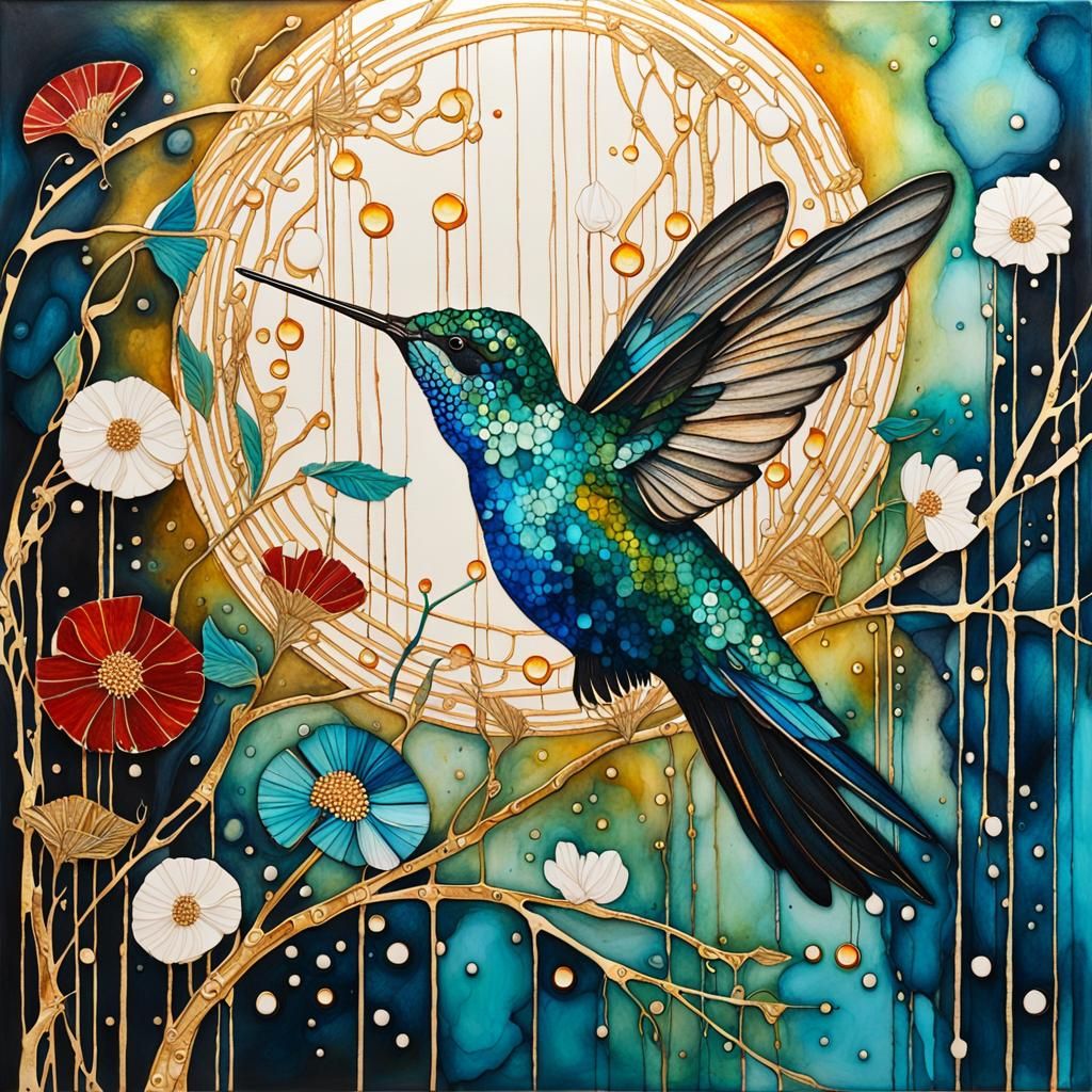 Hummingbird Nectar: Encaustic Art Nouveau Painting