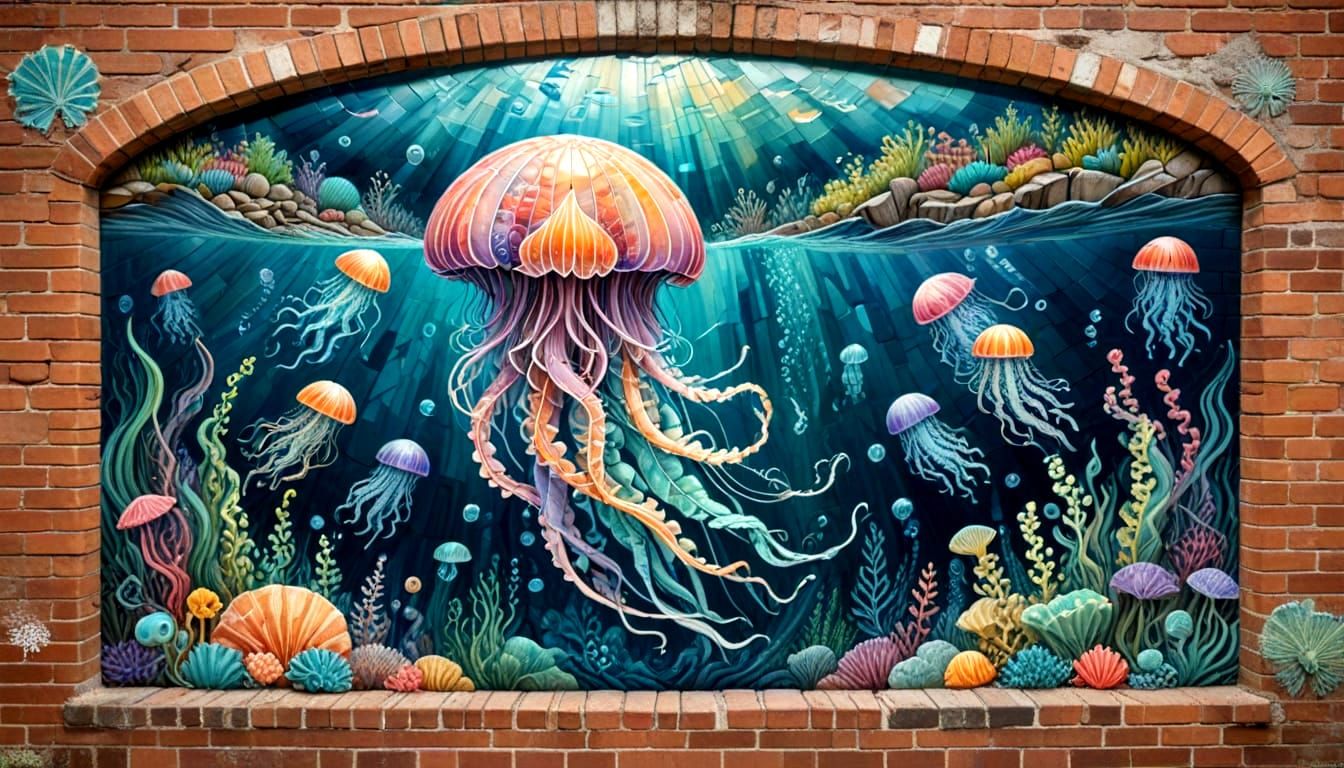 Jellyfish Mural Optical Illusion on Brick Wall