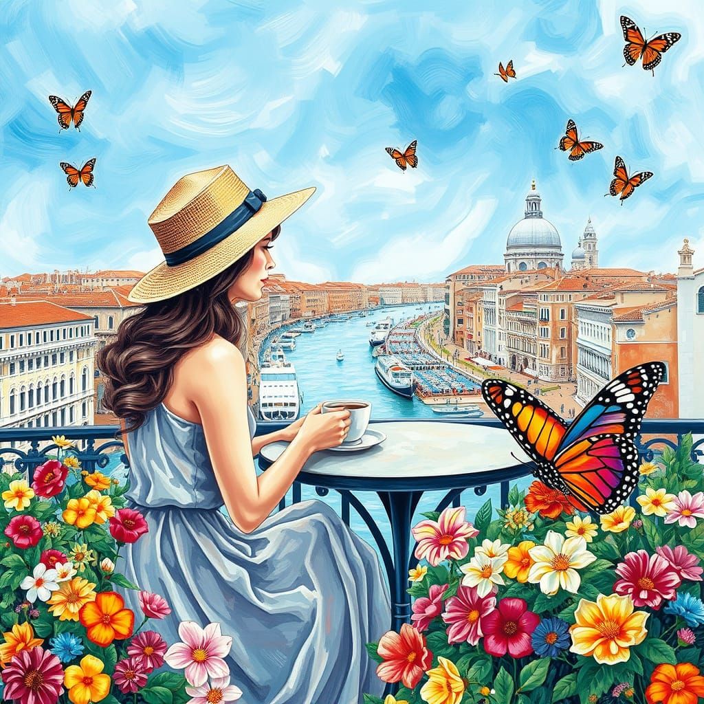 Beautiful Woman Sits Amidst Vibrant Flowers in Grand Canal S...