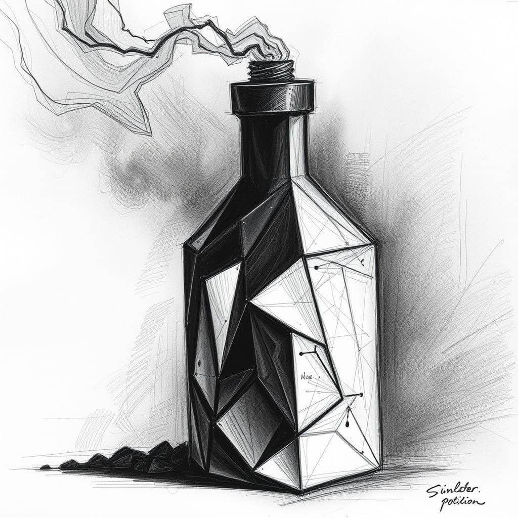 It depicts angular abstract forms potion bottle.  It's done ...