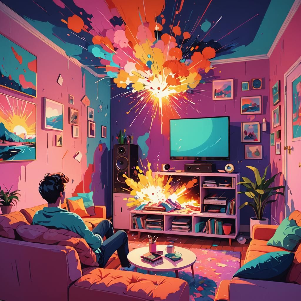 Watching TV: Vibrant Digital Art in Pastel Colors