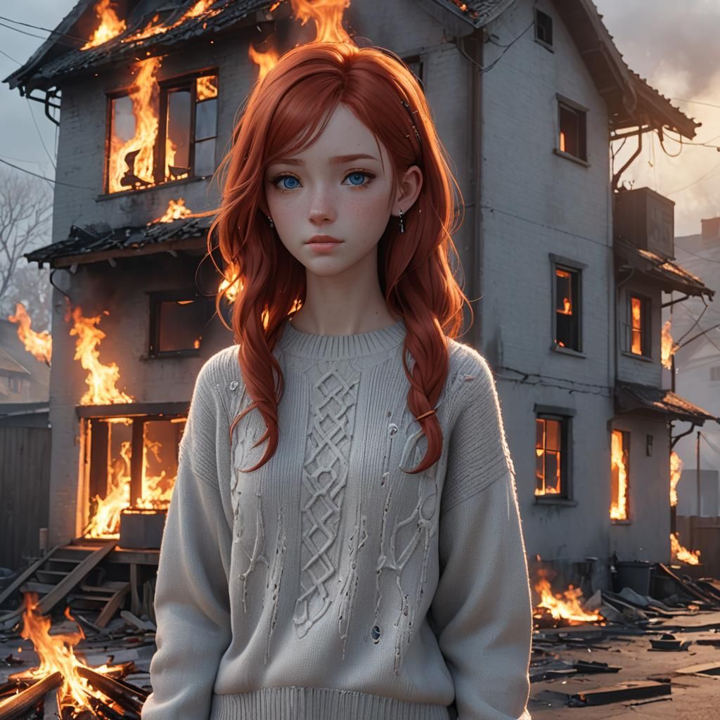 Teenage Girl in Front of Burning House, 3D Anime Art