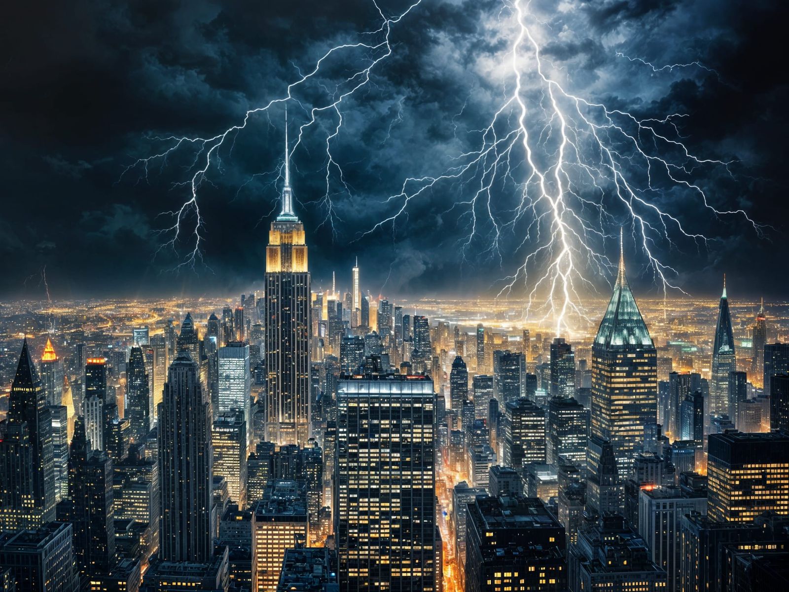 Metropolis Illuminated During a Nighttime Thunderstorm