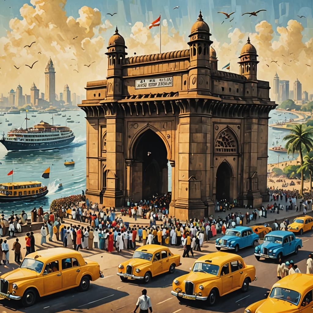 a vintage-inspired travel poster for Mumbai, featuring the m...