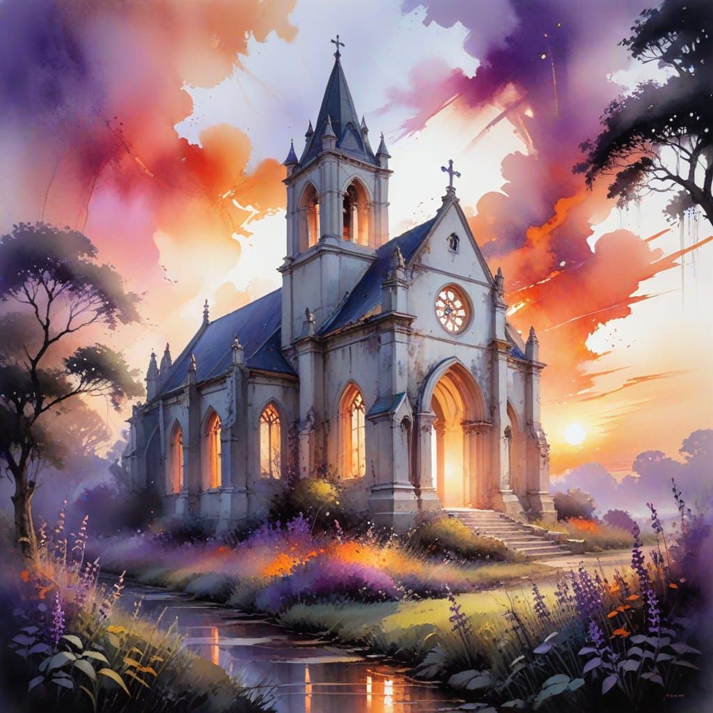 Overgrown Church Ruins at Sunset in Watercolour