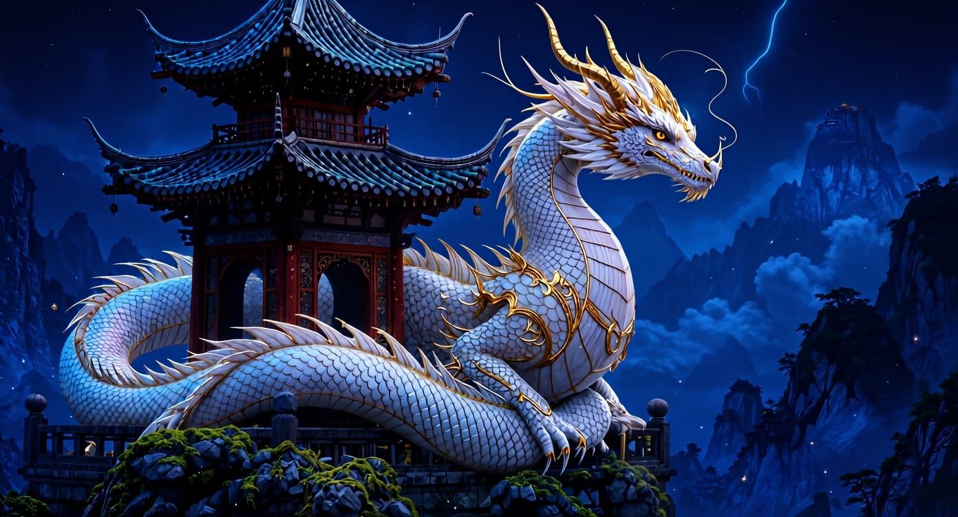 Celestial Dragon Coiled Around Ancient Pagoda in Matte Paint...
