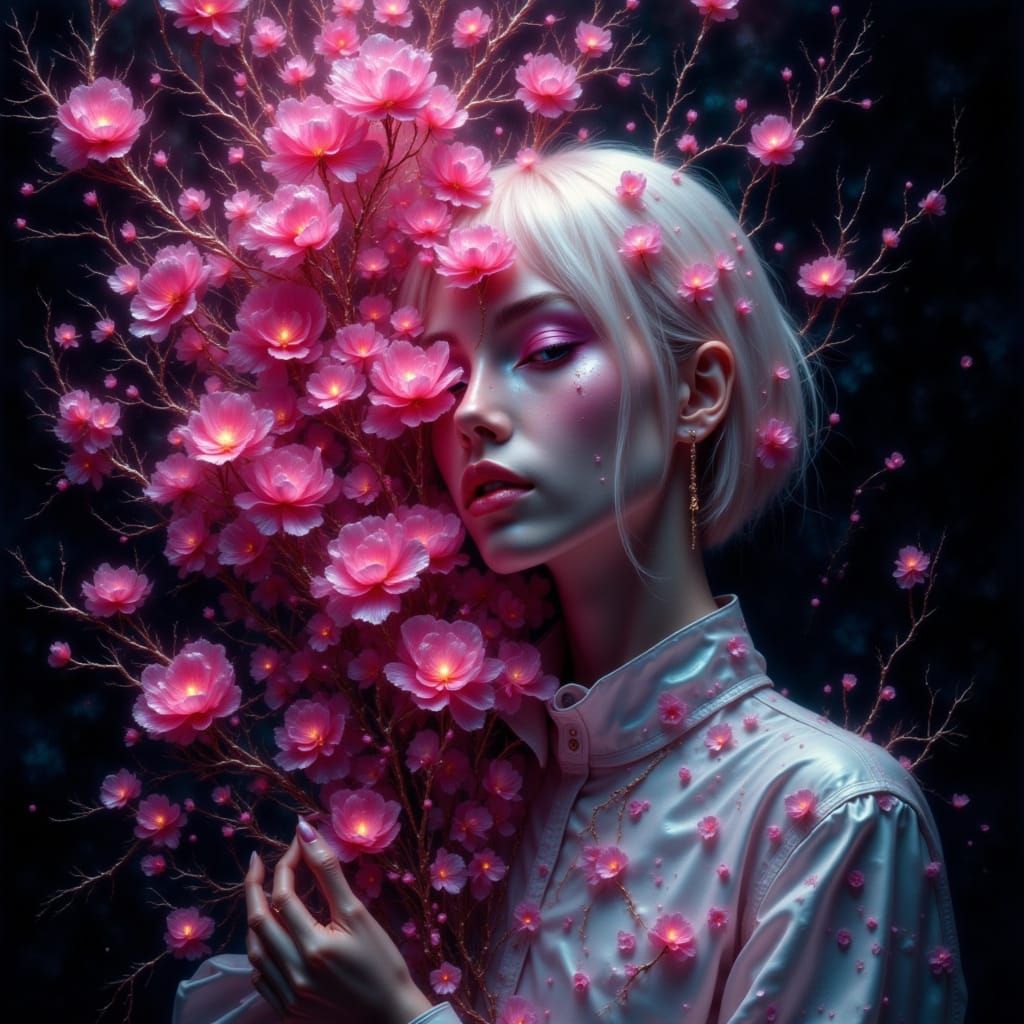 Woman with Pink Flowers in Anime-Inspired Digital Art