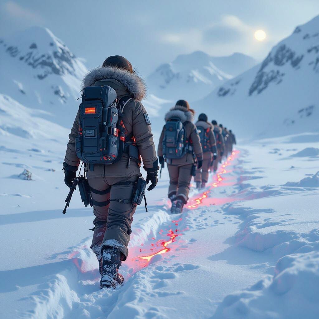 Women in Combat Gear Follow Red Trail Through Snow