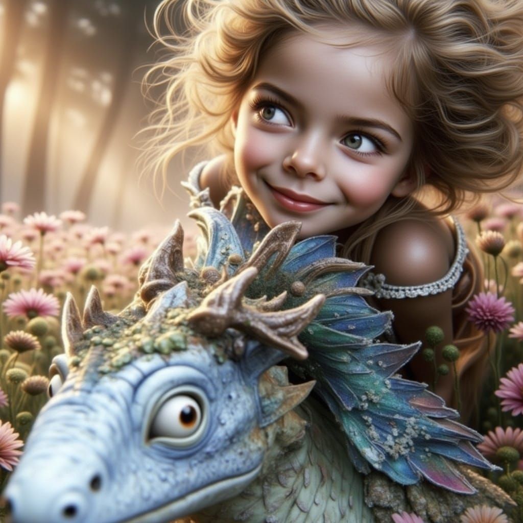 A Young Girl in a Whimsical Forest with a Majestic Dragon