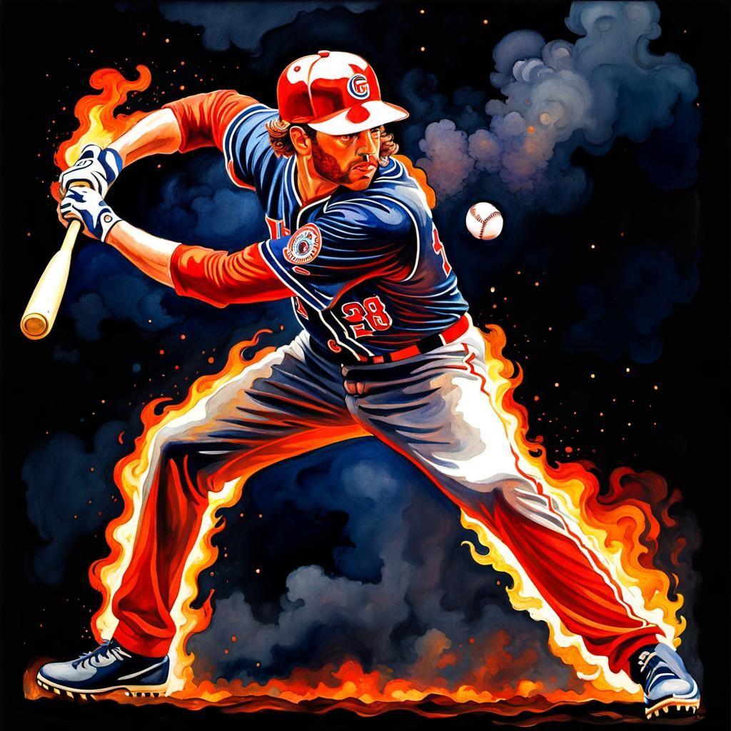 Fiery Baseball Player in Art Nouveau Style