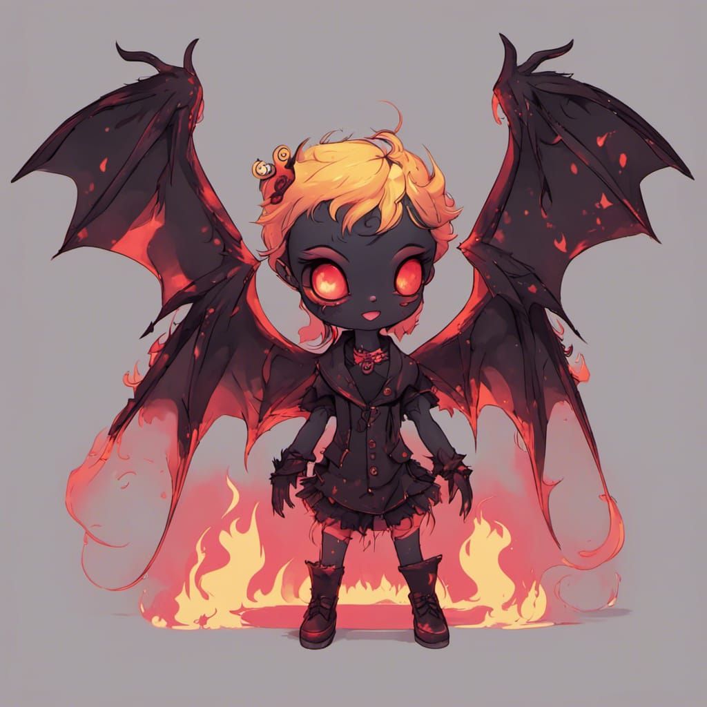 Adorable Tiny Demon with Flame Wings in Gothic Horror