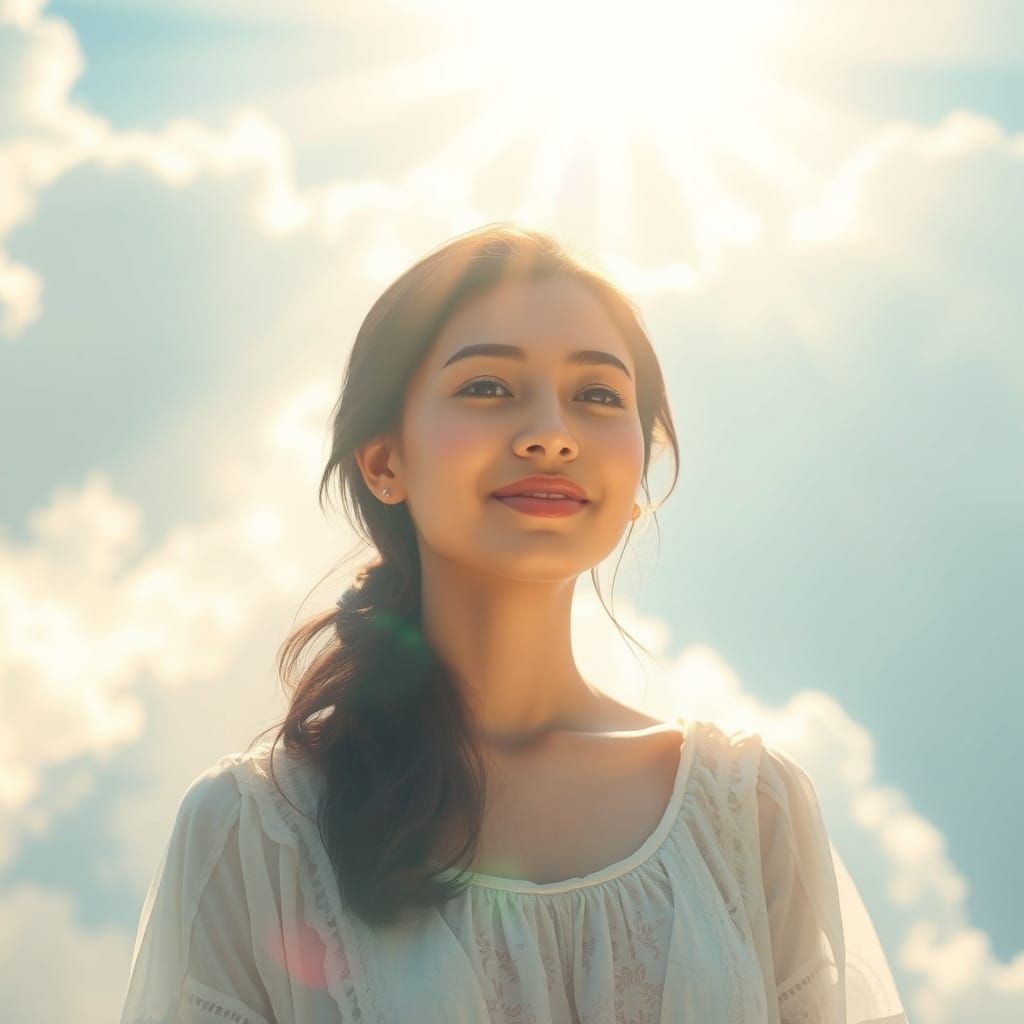 Whimsical Dreamscapes Woman Bathed in Heavenly Light