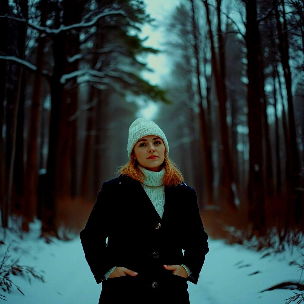 Woman in Snowy Forest, Cinematic Photography