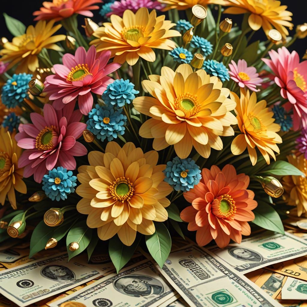 Hyper-Realistic Paper Money Flower Bouquet in Golden Light
