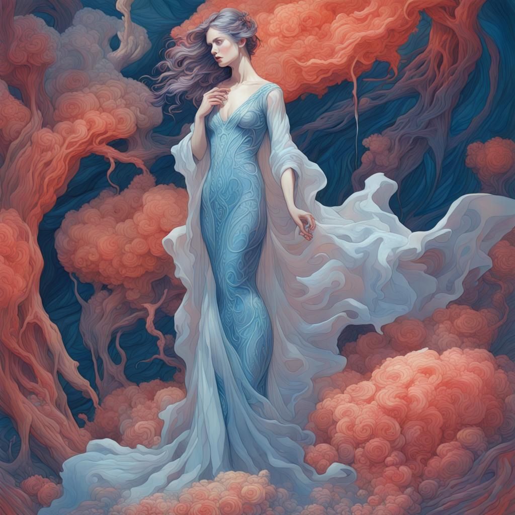 Ethereal Woman in Gossamer Gown: Digital Concept Art