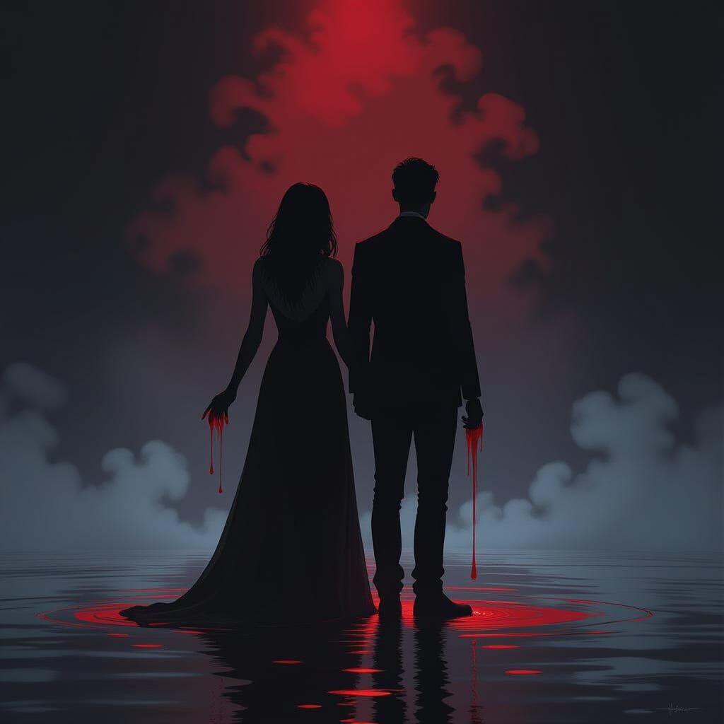 Eerie Silhouette Figures in Dark Mist with Blood