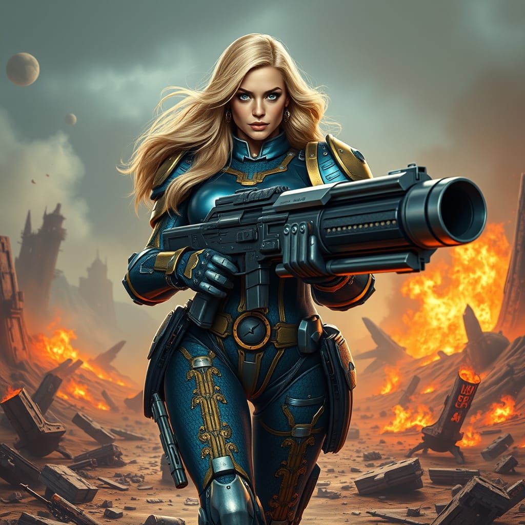Armored Woman with Blaster in Sci-Fi Landscape