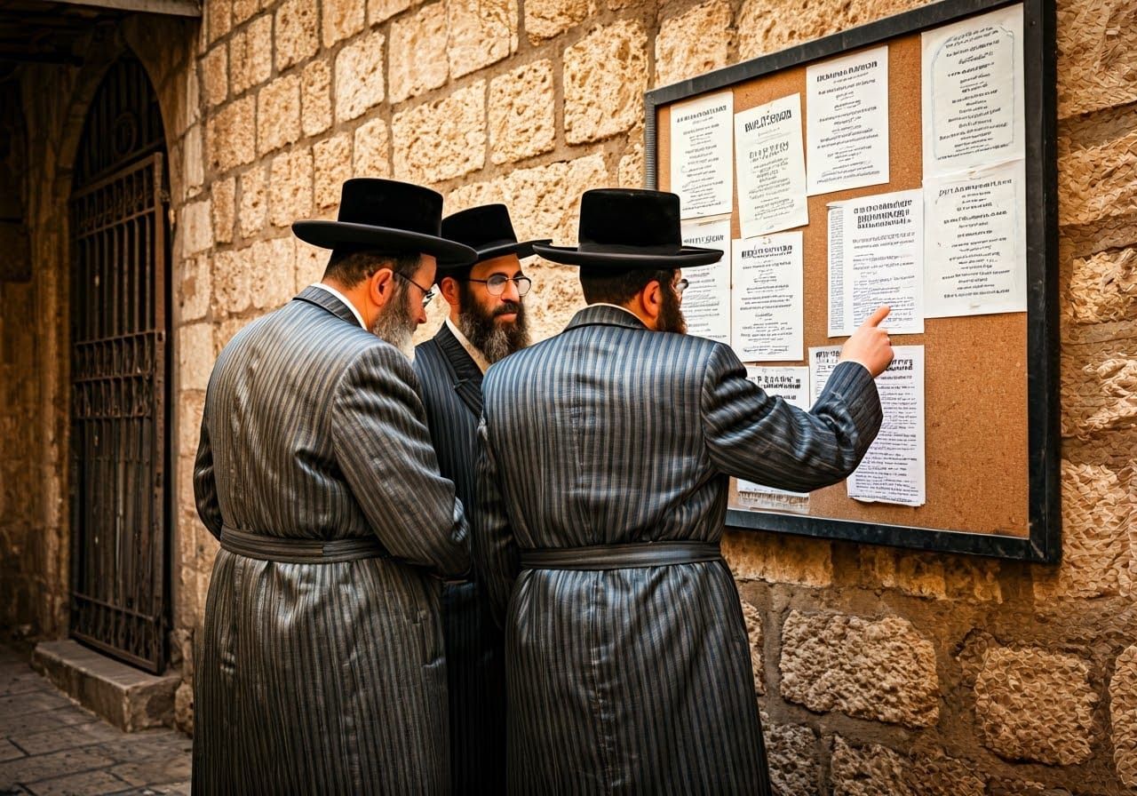 Three Haredi Jews in Traditional Attire Reading a Public Not...