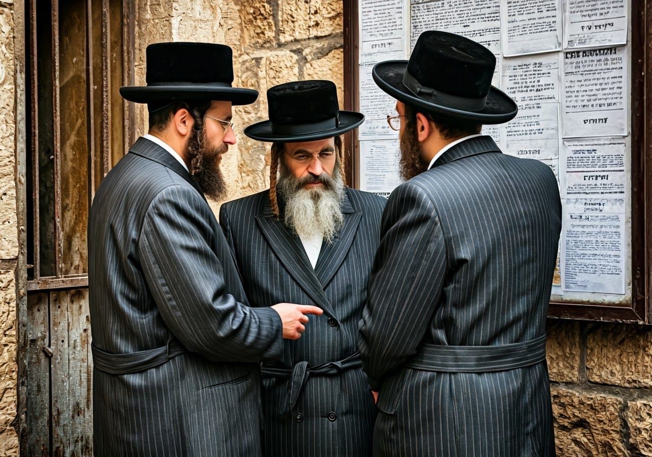 Three Haredi Jews Read Public Notices in a Jerusalem Alley