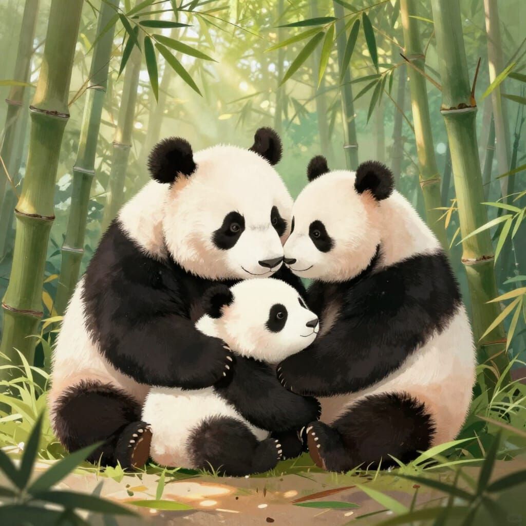 Mother Panda and Cub in Bamboo Forest