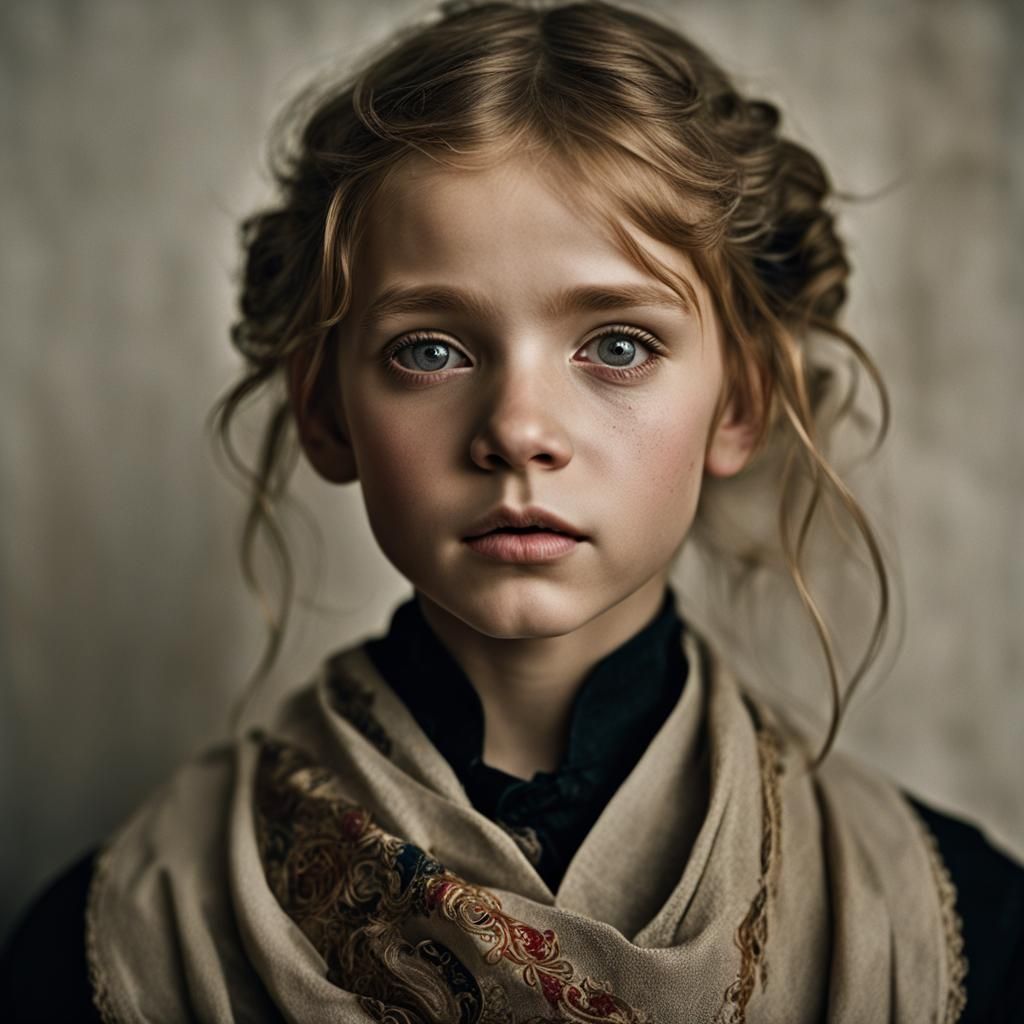 Victorian Orphan Girl Portrait with Handkerchief