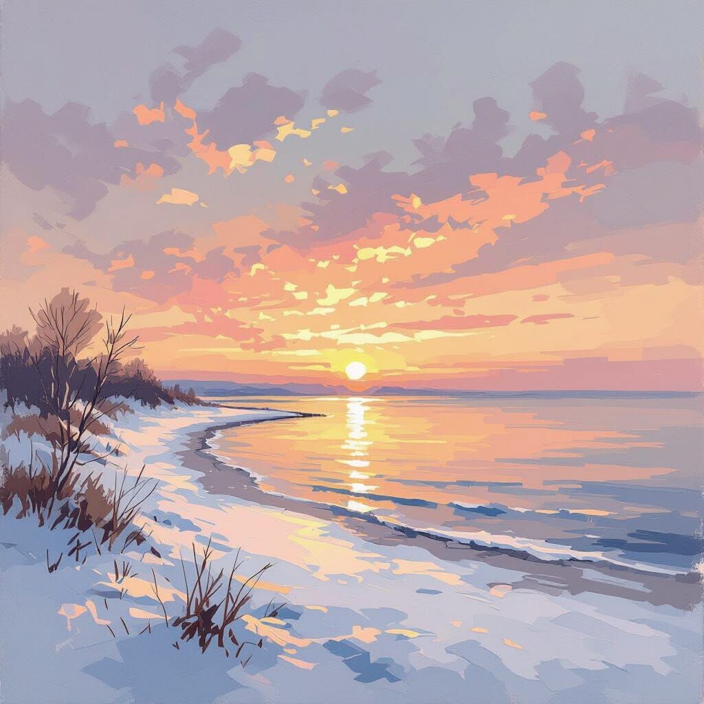 Sunset on Snow-Covered Beach in Gouache Style