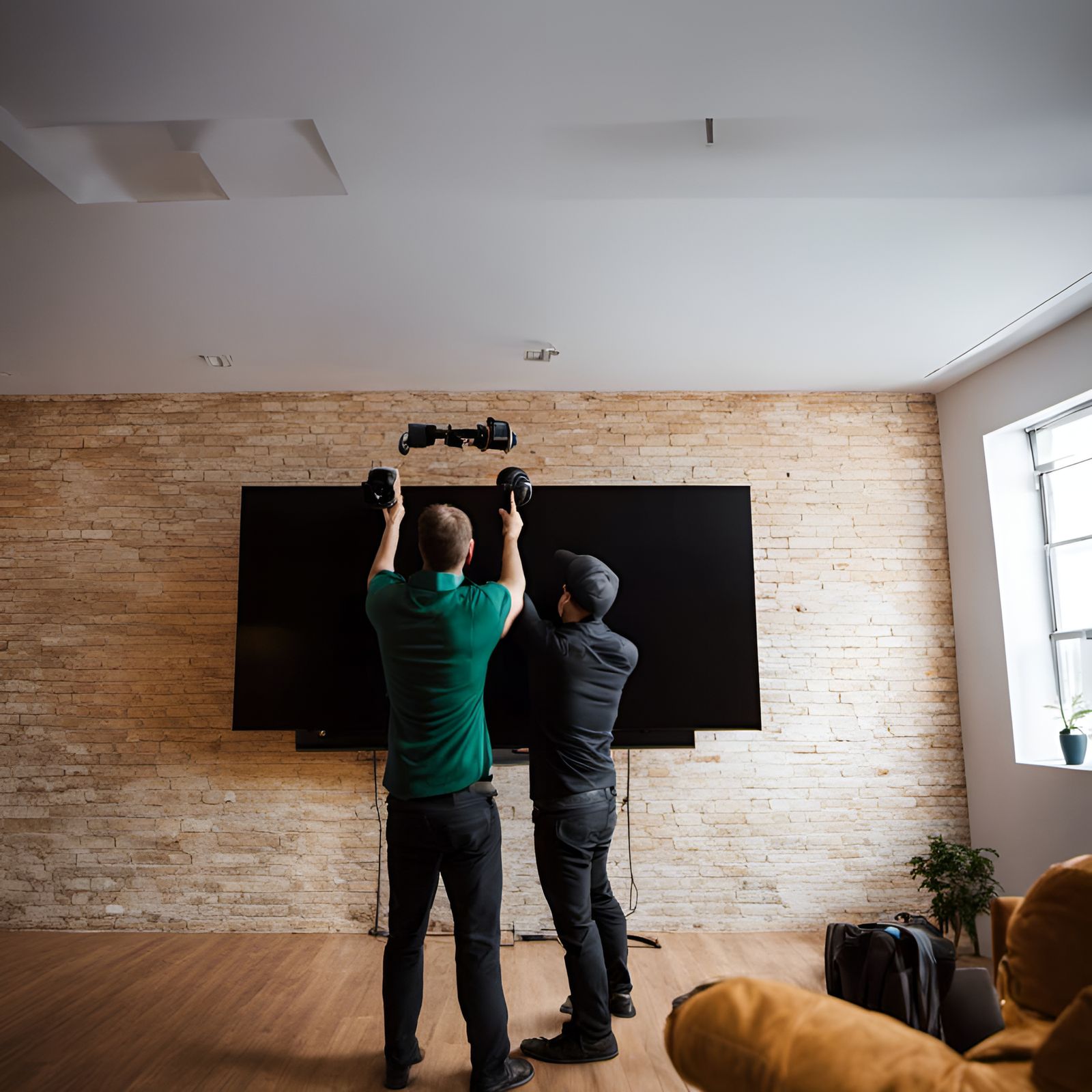 Two guys hanging a large tv on the wall Professional photography, bokeh, natural lighting, canon lens, shot on dslr 64 m...