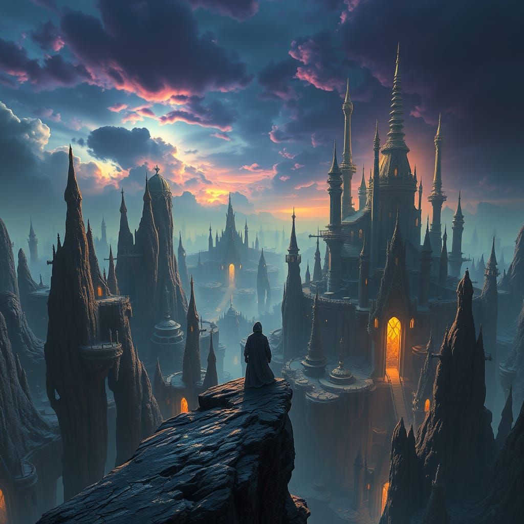 Surreal Cityscape with Hooded Figure in Dreamlike Scene
