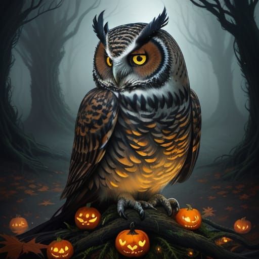 Surreal Pumpkin Owl in Mystical Forest