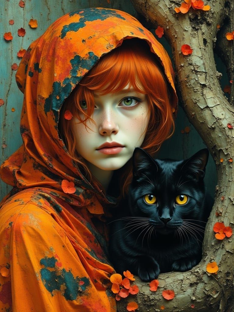 Crimson Haired Woman and Black Cat in Vibrant Oil Painting