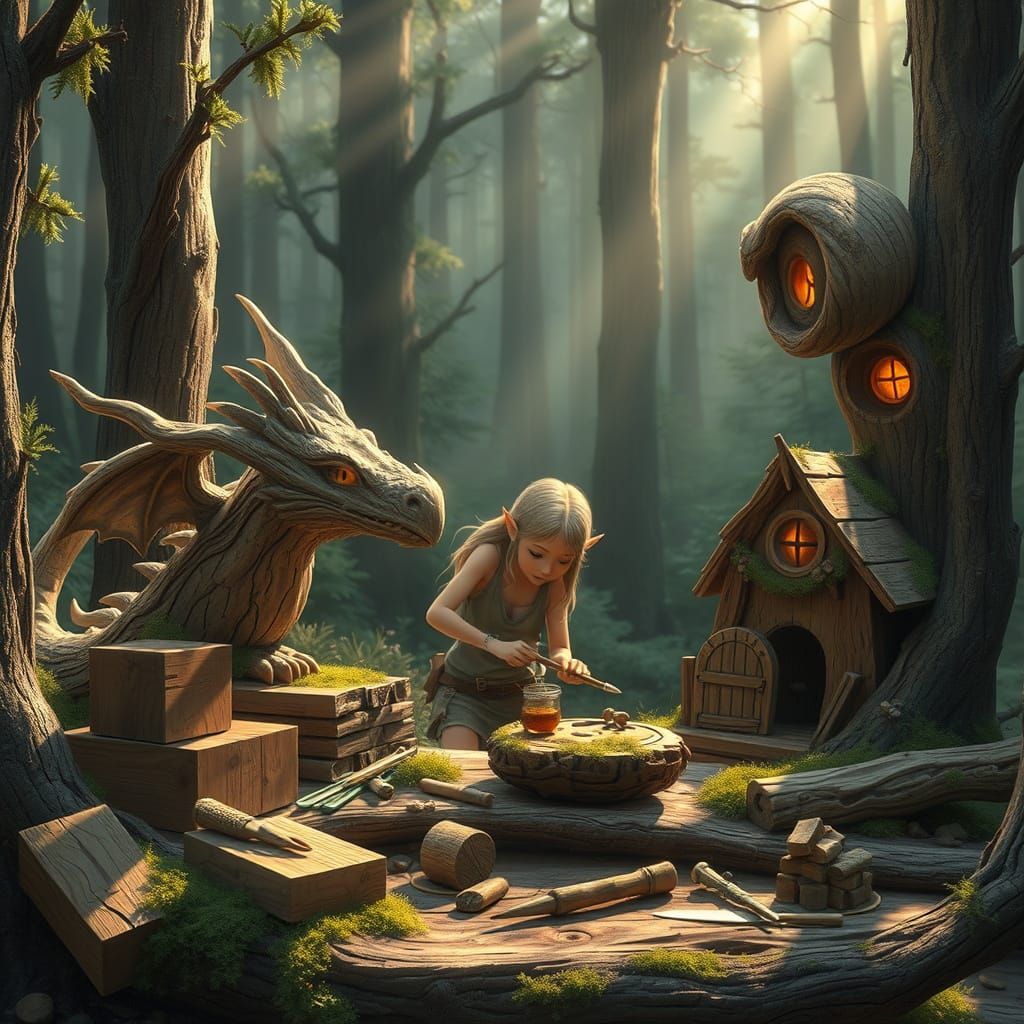 Enchanted Elven Woodworker in Mystical Forest, Fantasy Art