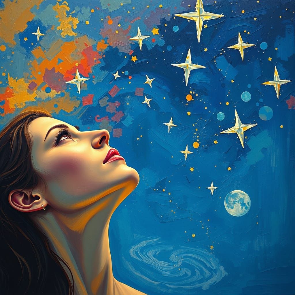 Serene Woman Transfixed by Celestial Display in Vibrant, Exp...