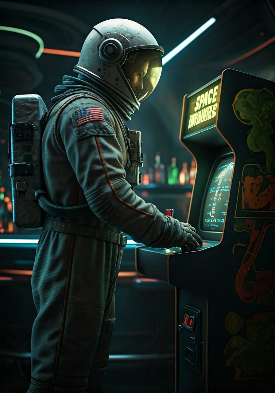 Astronaut in Space Bar Plays Vintage Arcade Game