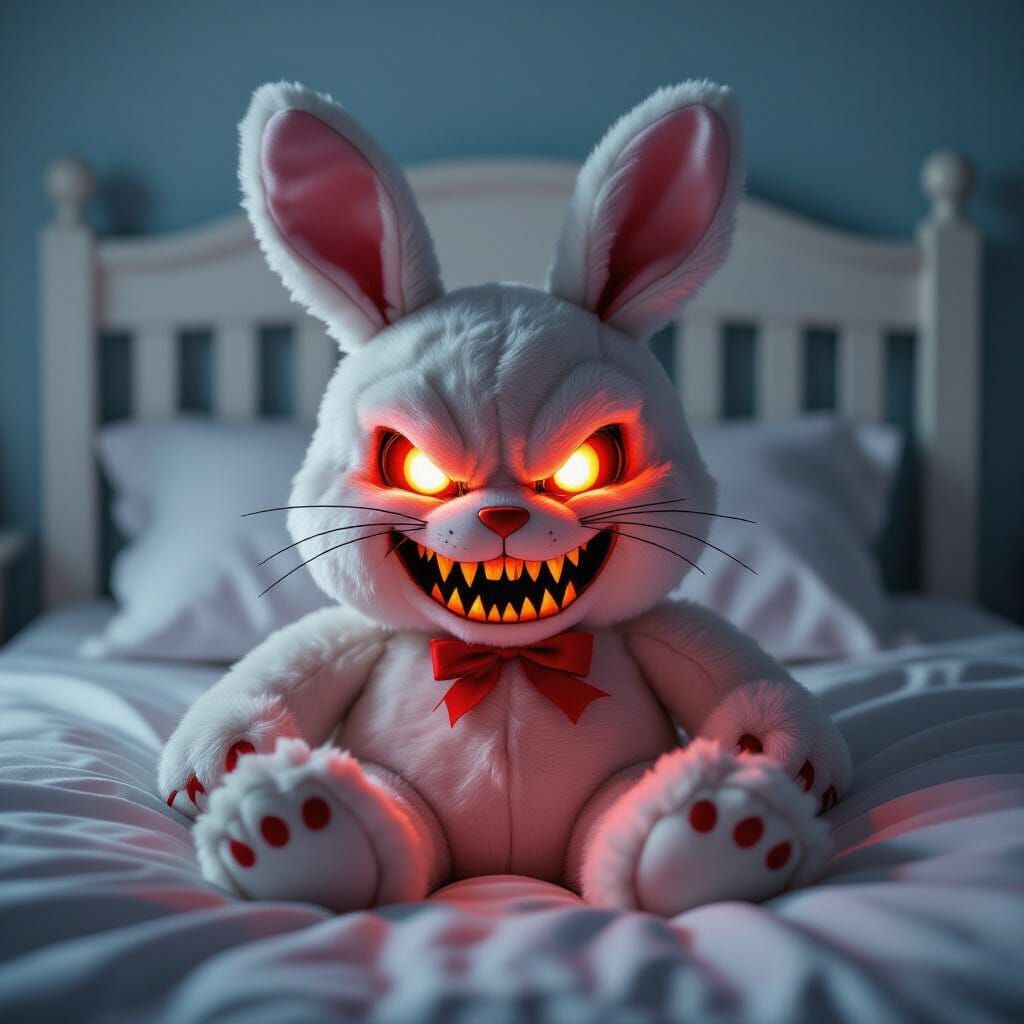Evil Stuffed Bunny with Glowing Eyes in Child's Bedroom