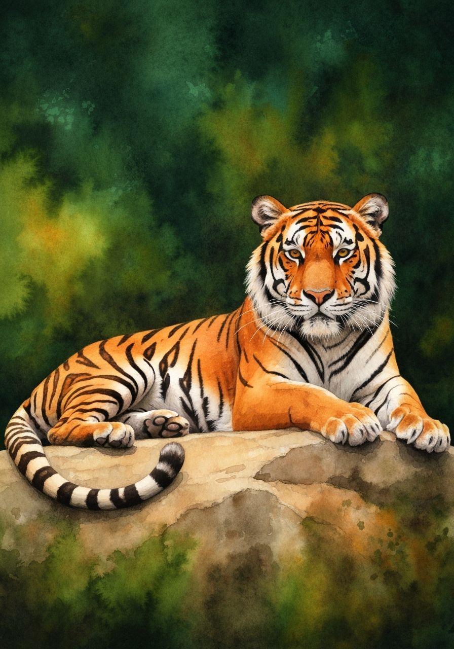 Regal Bengal Tiger on Sun-Dappled Rock in Watercolor Style