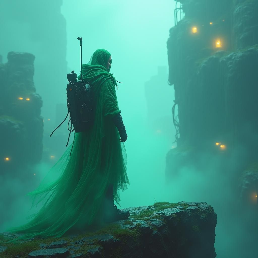 Heroic Figure on Cliff in Cyberpunk Landscape