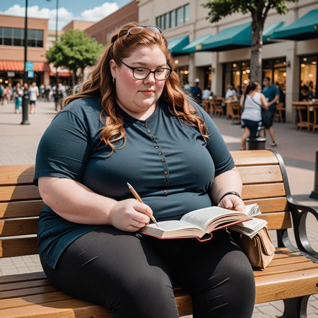 Charming Plus-Size Lady Reads Book in Downtown Setting